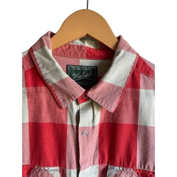 WOOLRICH Classic Men's Snap Front Plaid Shirt Size L Orange Tan Cream 100% Cotto - Picture 5 of 8